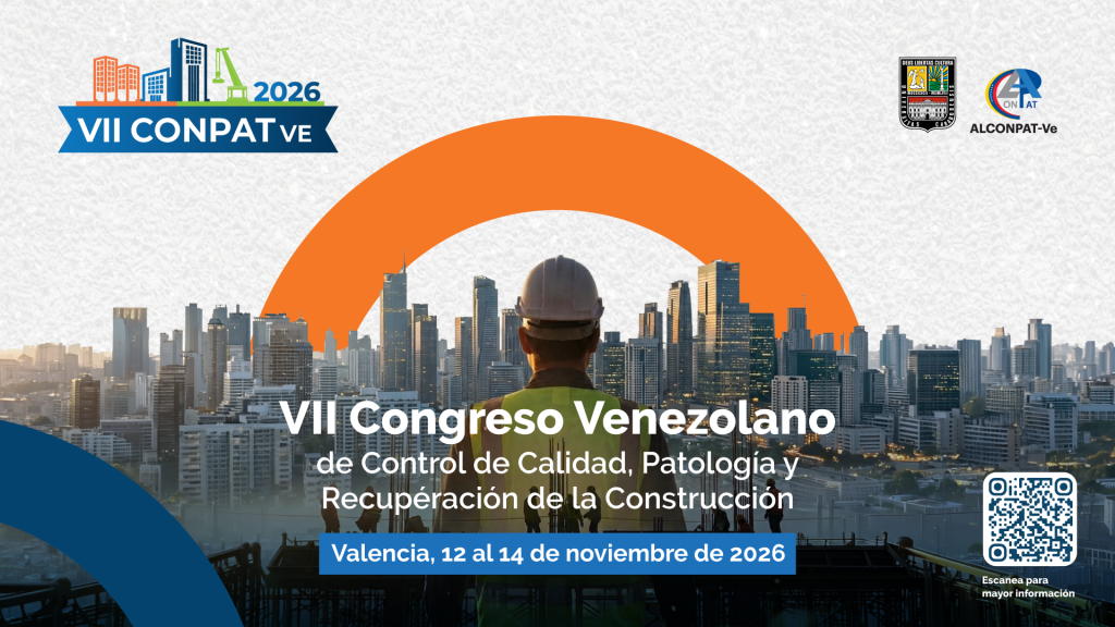 Banner promocional del VII Congreso Venezolano de Control de Calidad, Patología y Recuperación de la Construcción (VII CONPAT VE 2026), a celebrarse en Valencia del 12 al 14 de noviembre de 2026. Muestra a un obrero de espaldas frente a un horizonte urbano.